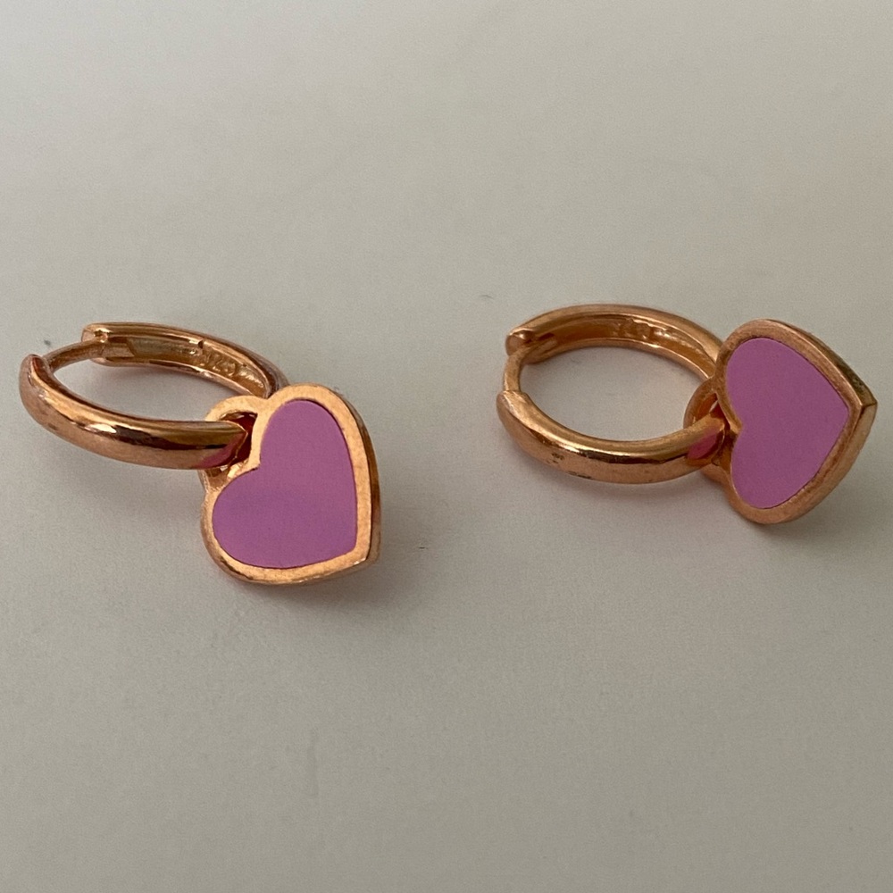 925 Silver purple enamel heart love hoops earrings 14k rose gold plated